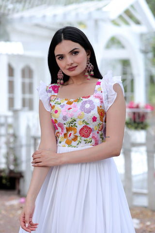 Party Wear White Color Embroidered work Gown Clothsvilla