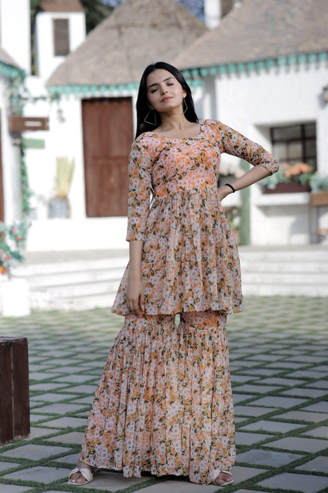 Flower Print Work Peach Color Sharara Suit Main image