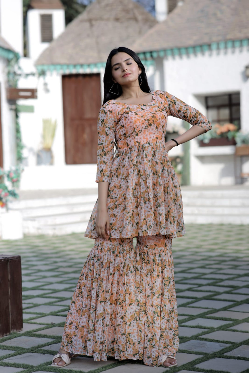 Flower Print Work Peach Color Sharara Suit