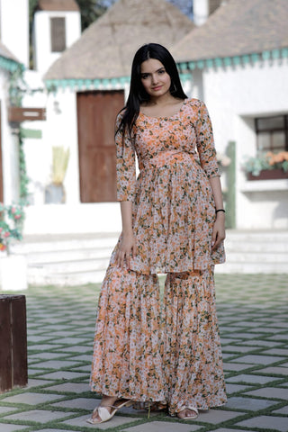 Flower Print Work Peach Color Sharara Suit