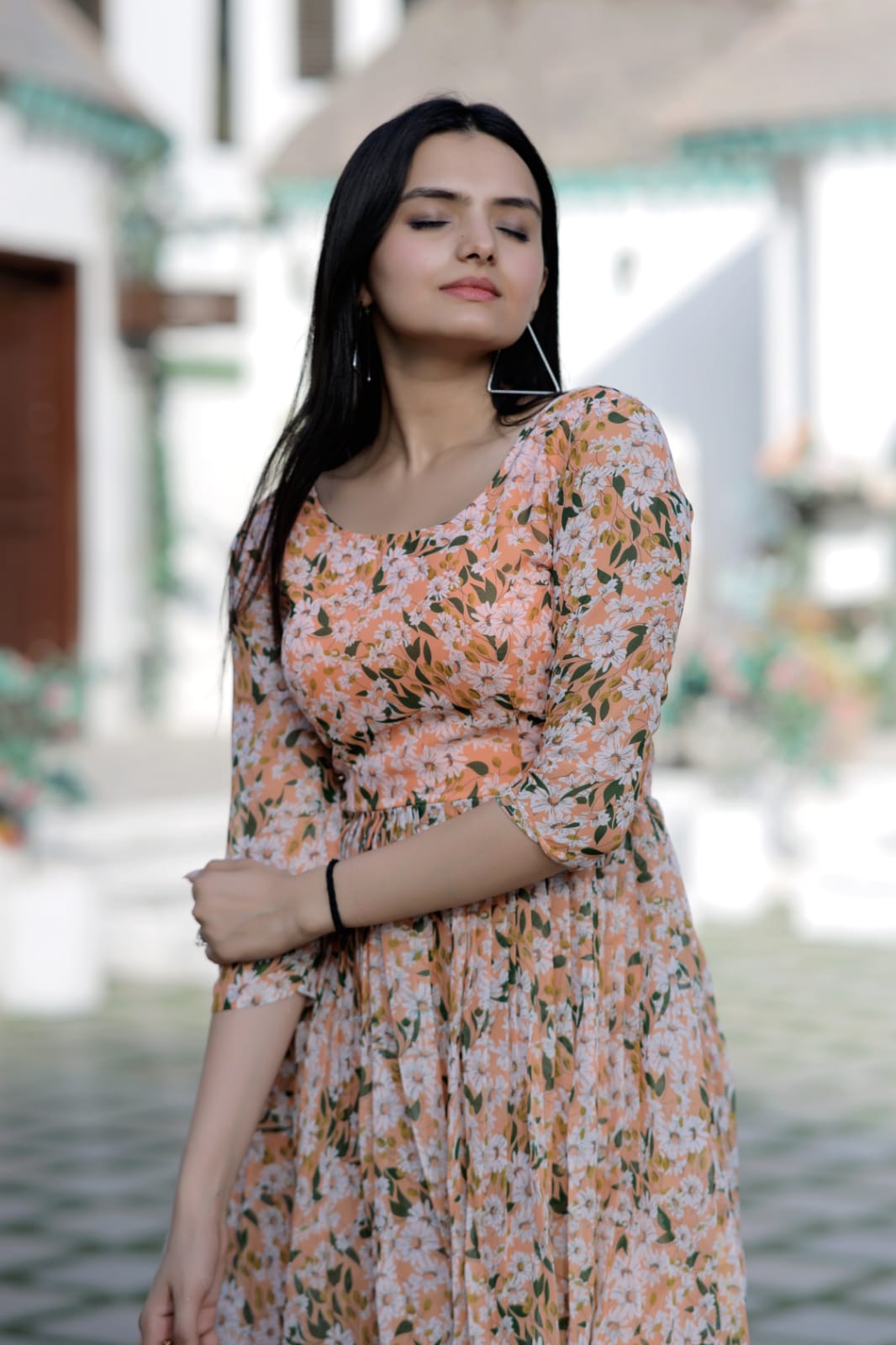 Flower Print Work Peach Color Sharara Suit