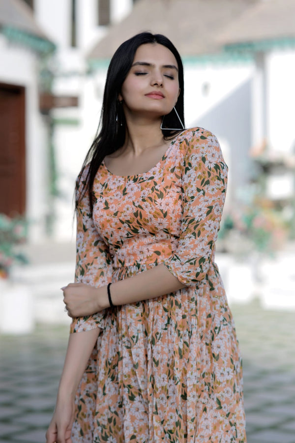 Flower Print Work Peach Color Sharara Suit