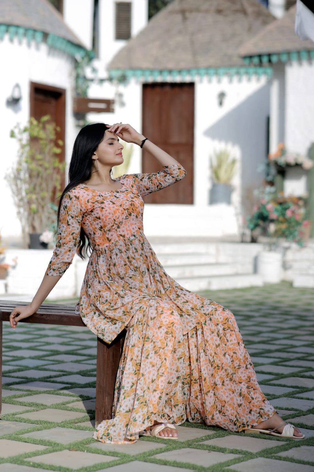 Flower Print Work Peach Color Sharara Suit