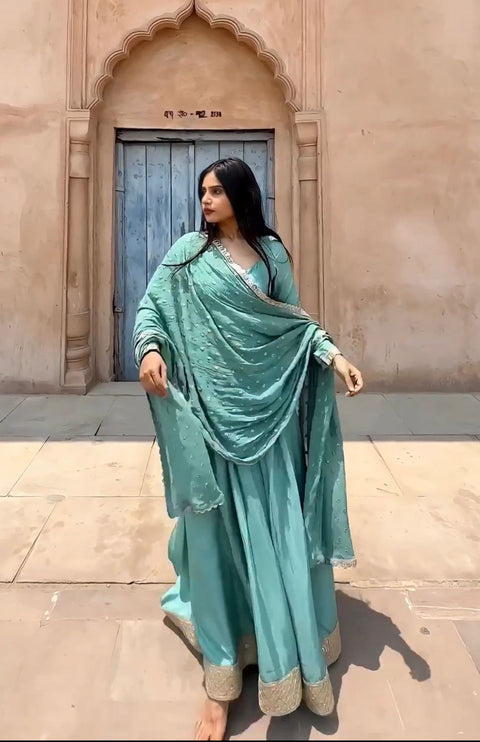 Daisy Teal Blue Sequence Work Long Gown Main image