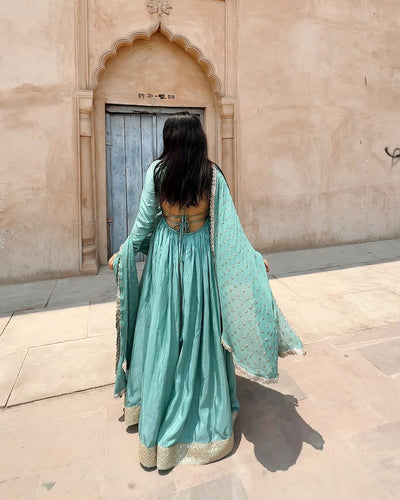 Daisy Teal Blue Sequence Work Long Gown