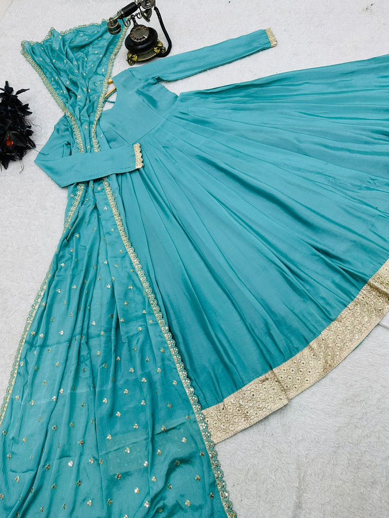 Daisy Teal Blue Sequence Work Long Gown