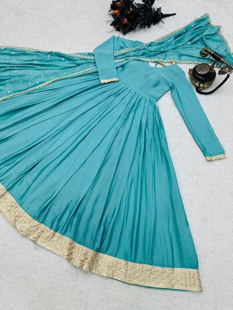 Daisy Teal Blue Sequence Work Long Gown