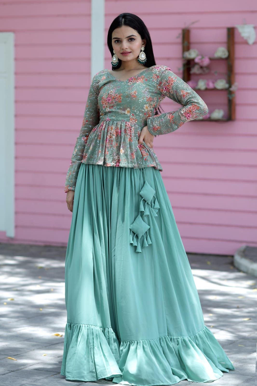 Beautiful Work Pista Green Lehenga With Top