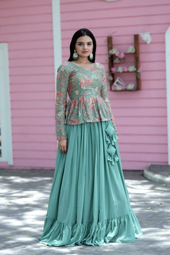 Beautiful Work Pista Green Lehenga With Top