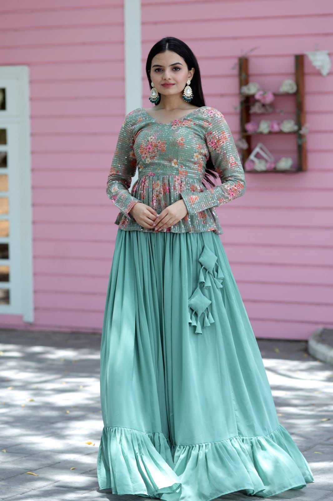 Beautiful Work Pista Green Lehenga With Top