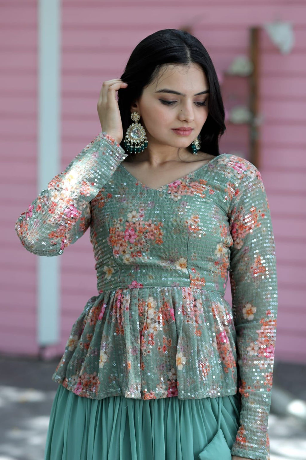 Beautiful Work Pista Green Lehenga With Top