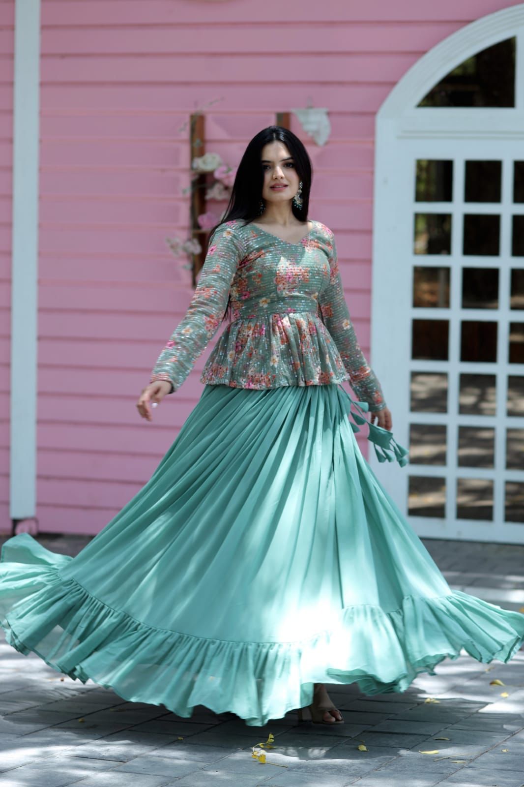 Beautiful Work Pista Green Lehenga With Top