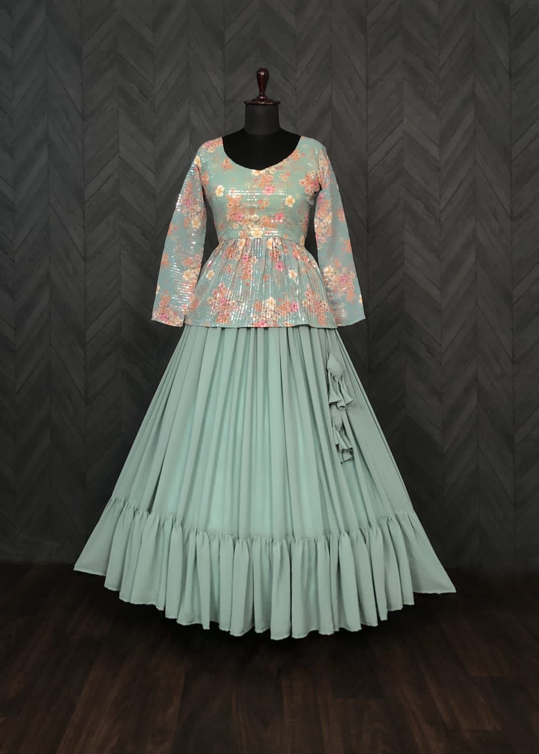 Beautiful Work Pista Green Lehenga With Top