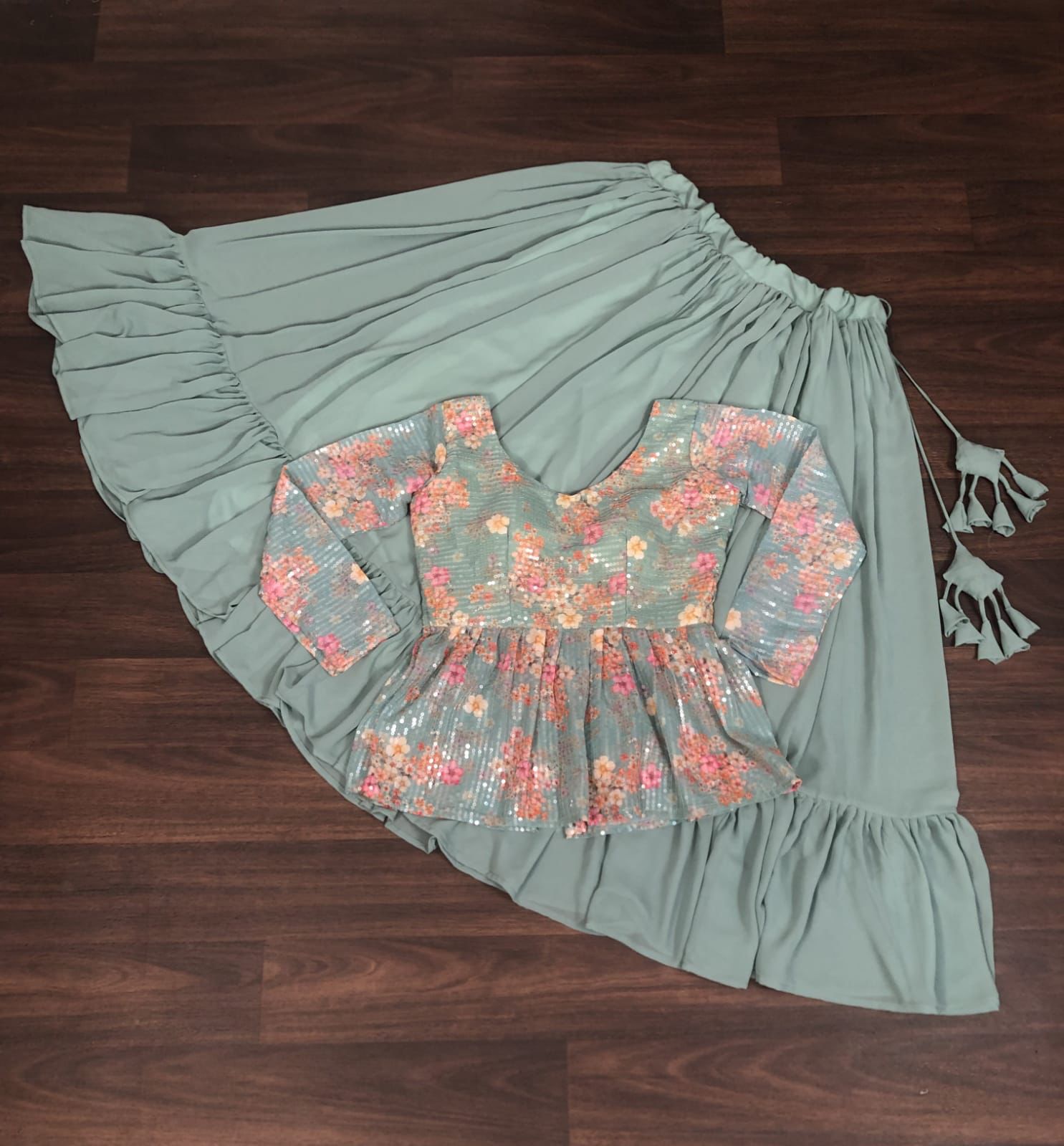 Beautiful Work Pista Green Lehenga With Top