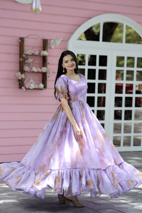 Fancy Puff Sleeves Lavender Color Gown Clothsvilla Main image