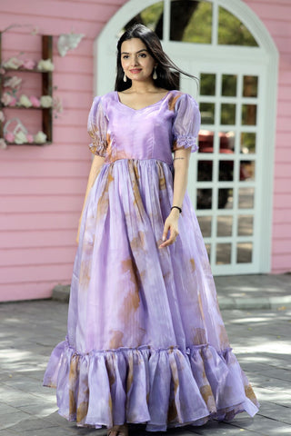 Fancy Puff Sleeves Lavender Color Gown Clothsvilla
