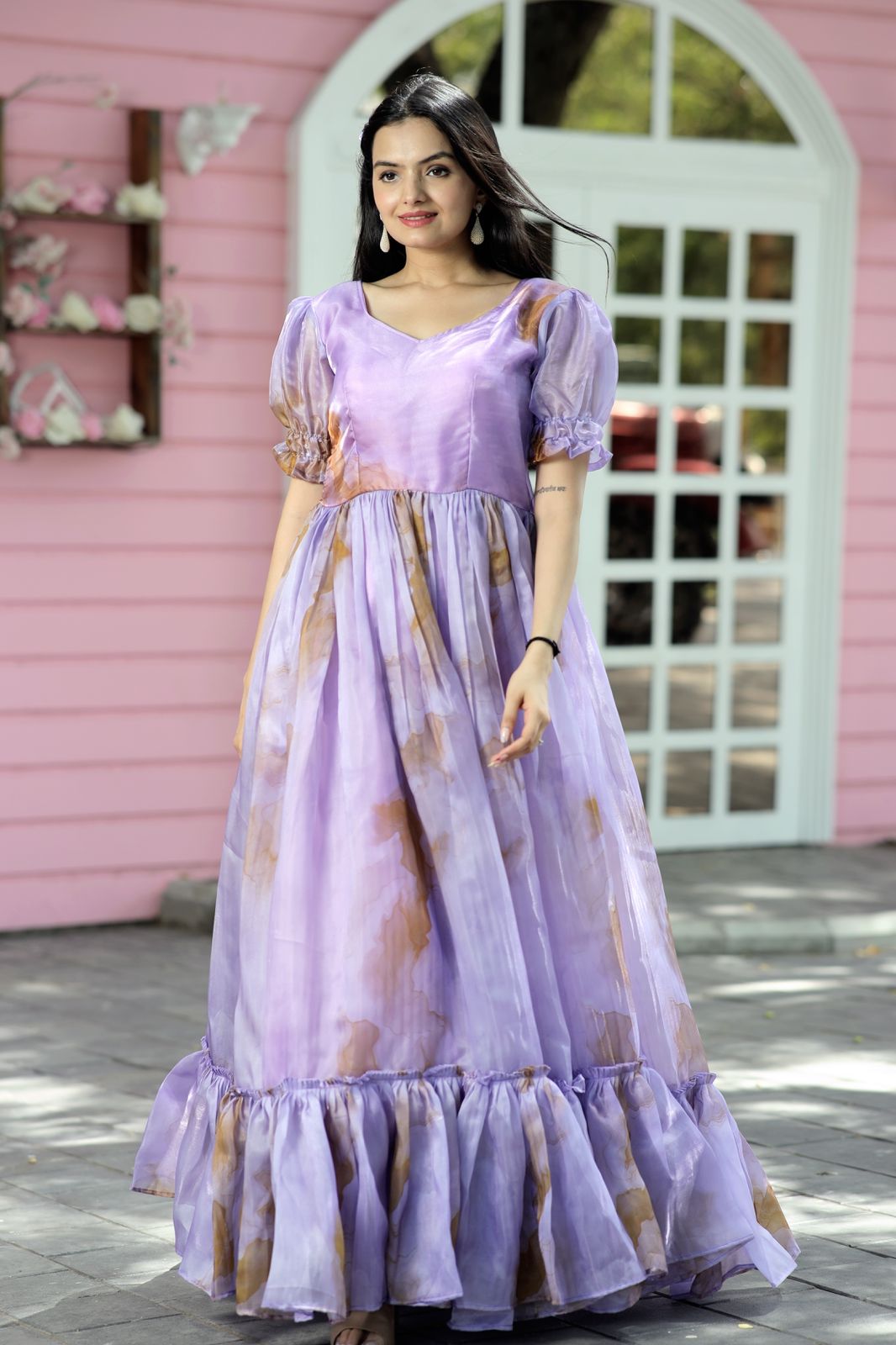 Fancy Puff Sleeves Lavender Color Gown - Clothsvilla