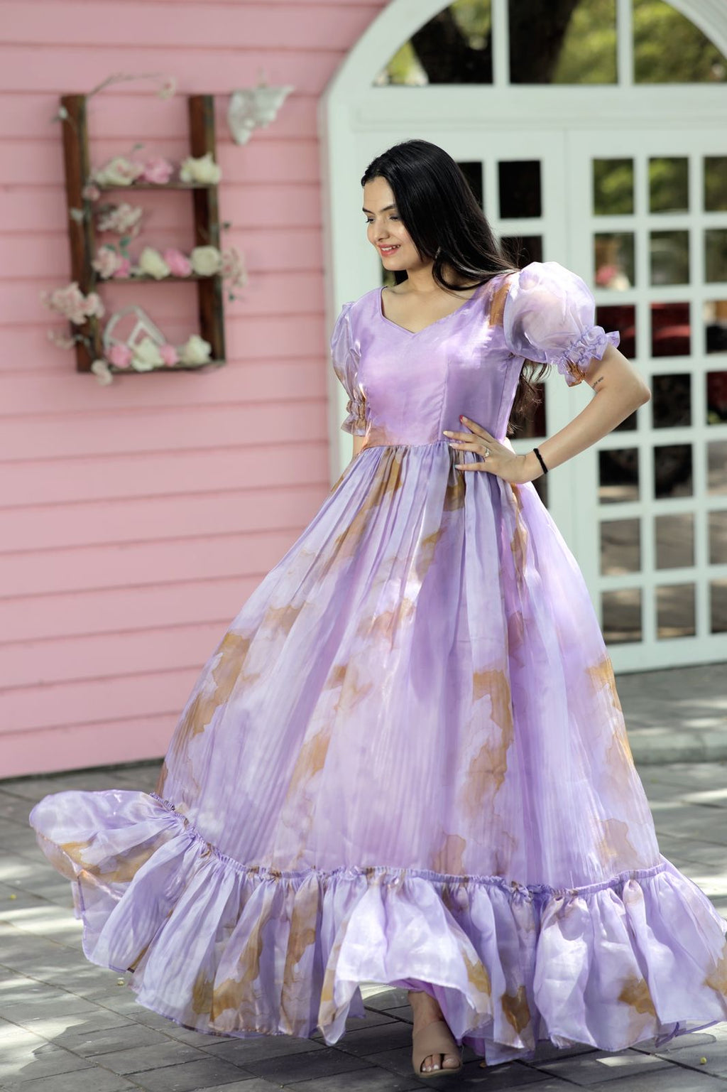 Fancy Puff Sleeves Lavender Color Gown Clothsvilla