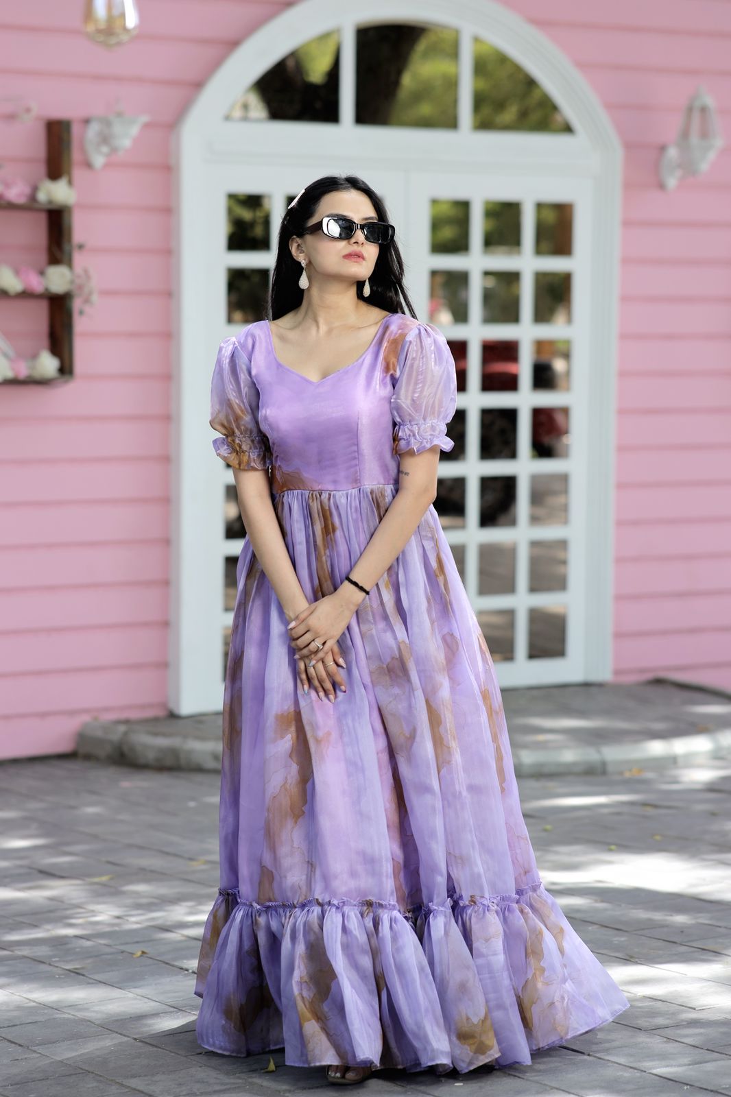Fancy Puff Sleeves Lavender Color Gown Clothsvilla
