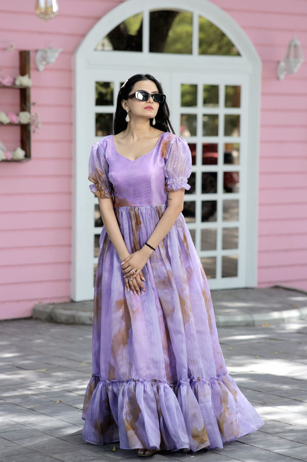 Fancy Puff Sleeves Lavender Color Gown Clothsvilla