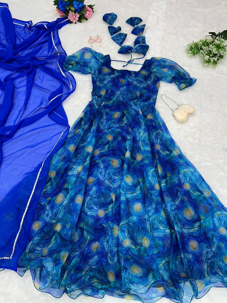 Organza Silk Huge Flair Blue Color Gown