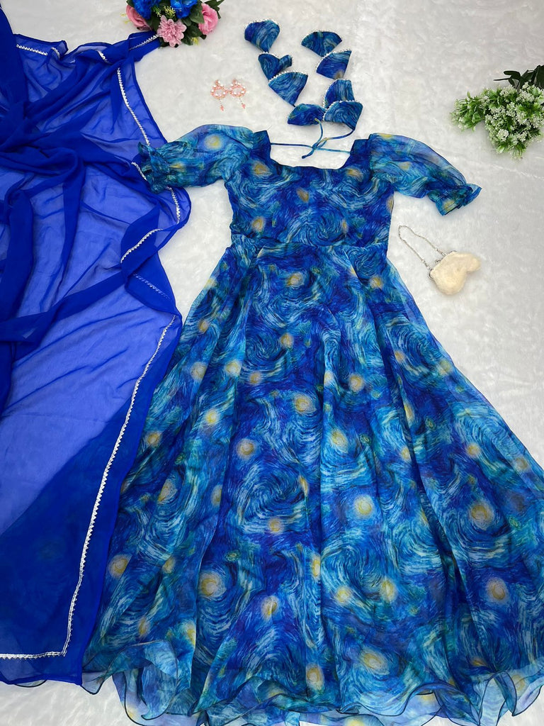 Organza Silk Huge Flair Blue Color Gown