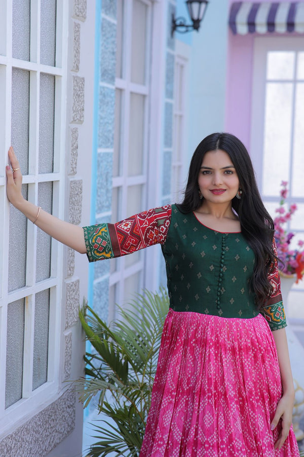 Classy Foil Print Work Pink Color Gown Clothsvilla
