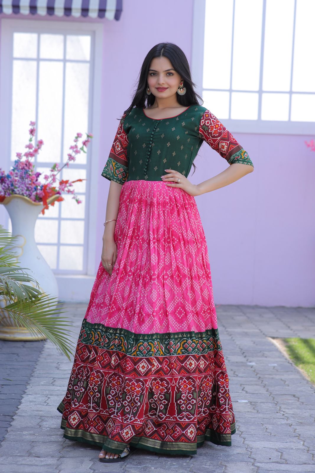 Classy Foil Print Work Pink Color Gown Clothsvilla