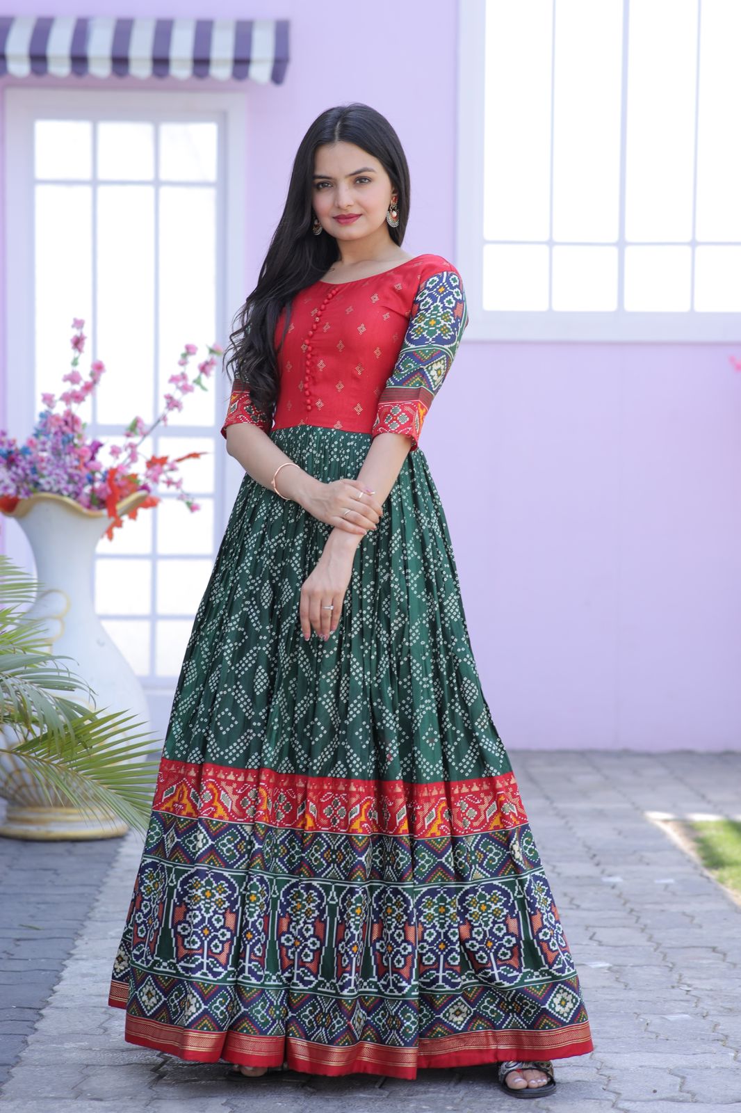 Classy Foil Print Work Green Color Gown Clothsvilla