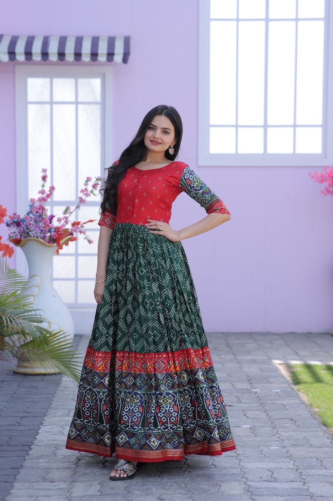 Classy Foil Print Work Green Color Gown Clothsvilla