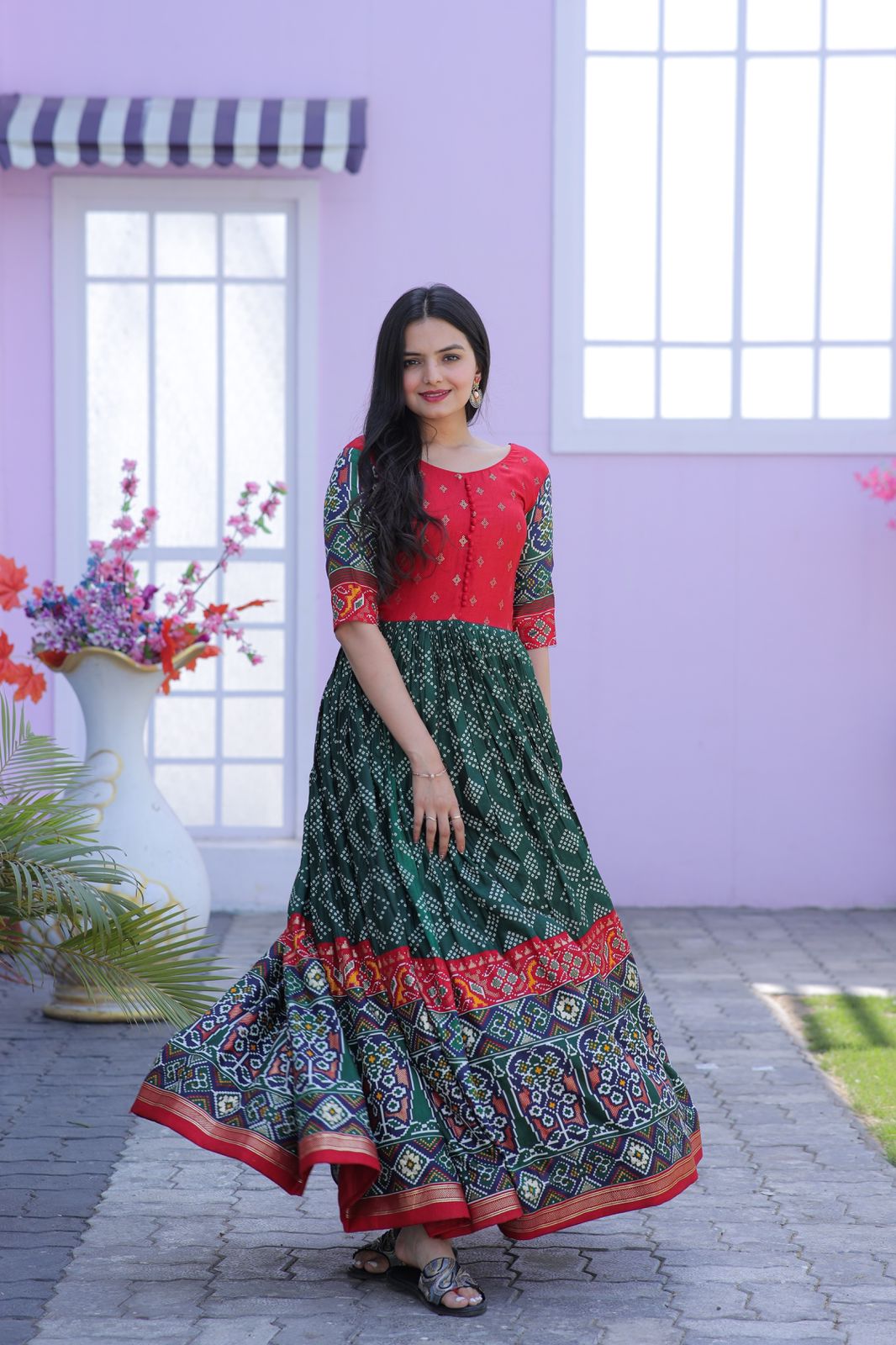 Classy Foil Print Work Green Color Gown Clothsvilla