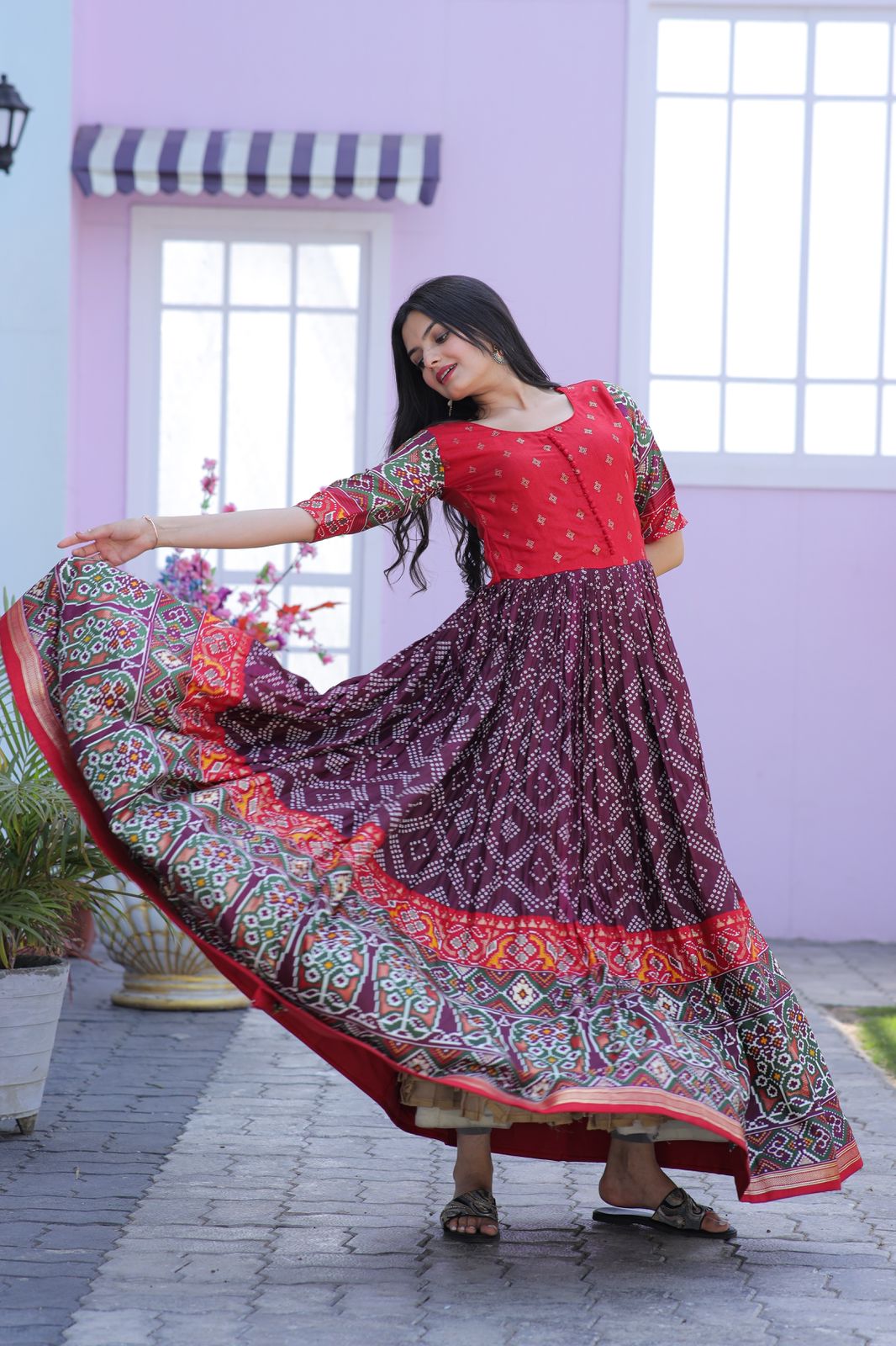 Classy Foil Print Work Wine Color Gown Clothsvilla