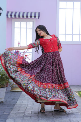 Classy Foil Print Work Wine Color Gown Clothsvilla