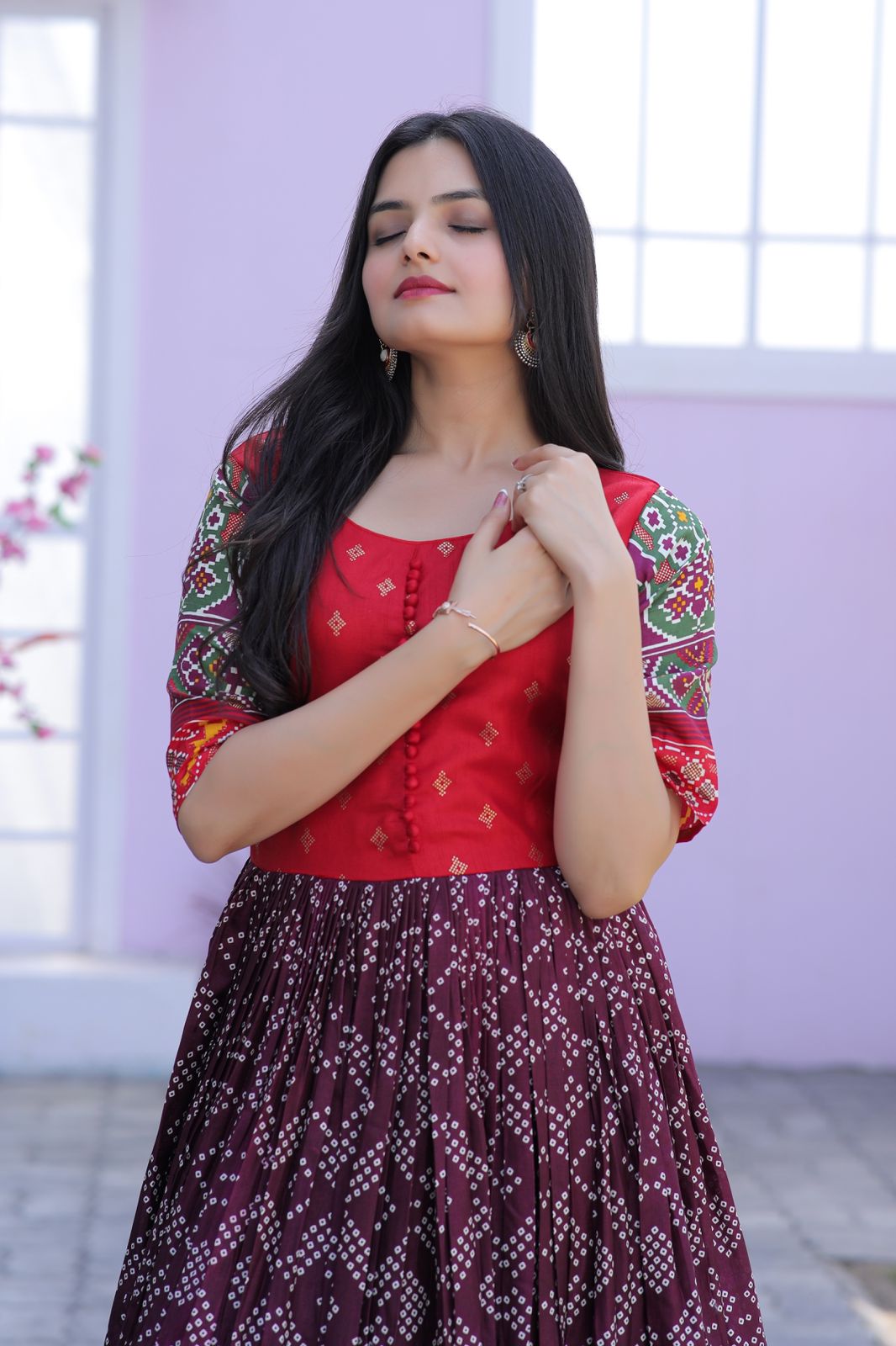 Classy Foil Print Work Wine Color Gown Clothsvilla