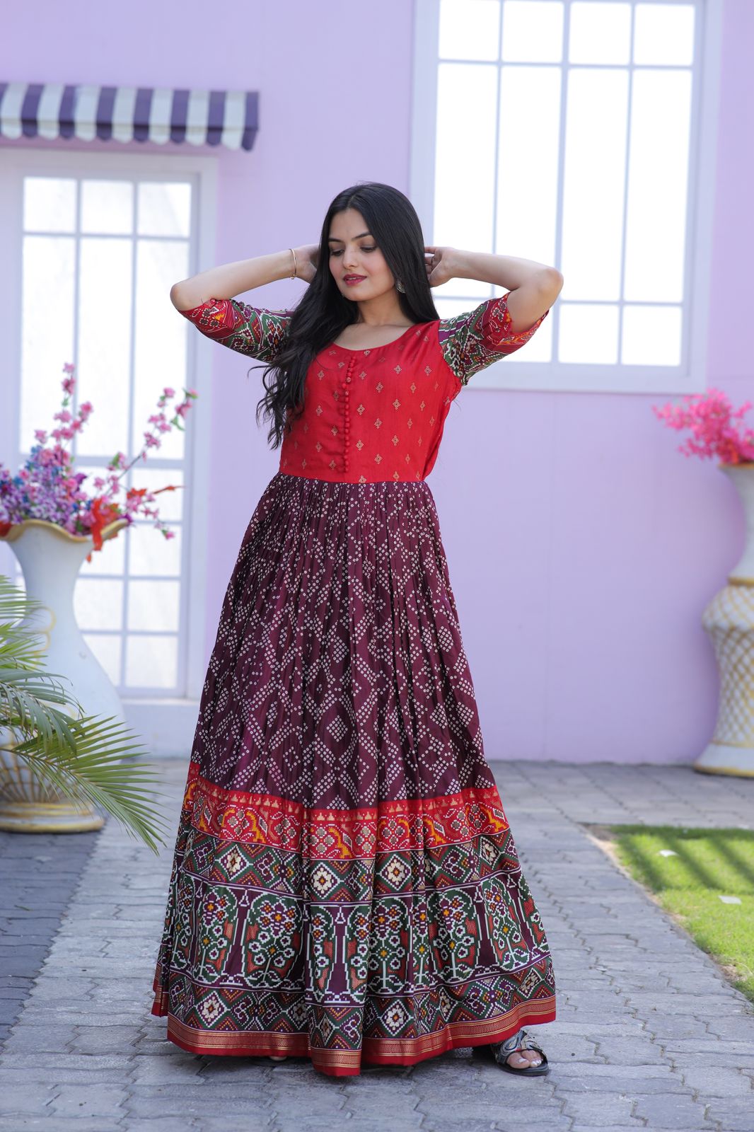 Classy Foil Print Work Wine Color Gown Clothsvilla