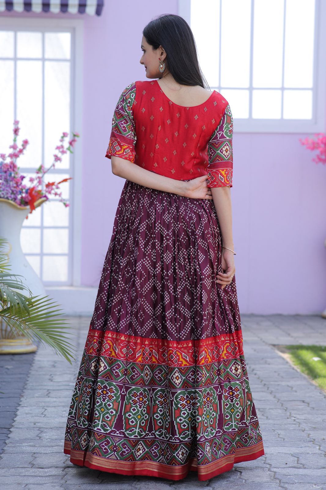 Classy Foil Print Work Wine Color Gown Clothsvilla