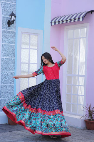 Classy Foil Print Work Navy Blue Color Gown Clothsvilla