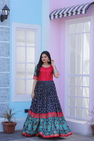 Classy Foil Print Work Navy Blue Color Gown Clothsvilla