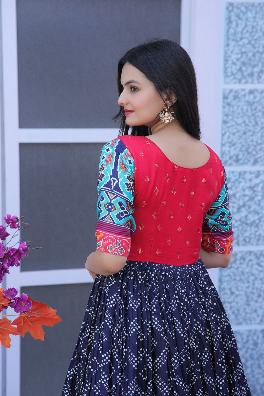 Classy Foil Print Work Navy Blue Color Gown Clothsvilla