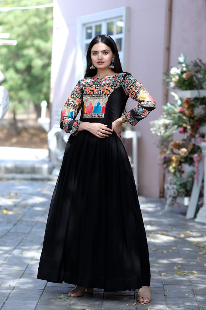 Digital Printed Full Sleeves Black Color Floral Gown With Fancy Sequins Work  Belt