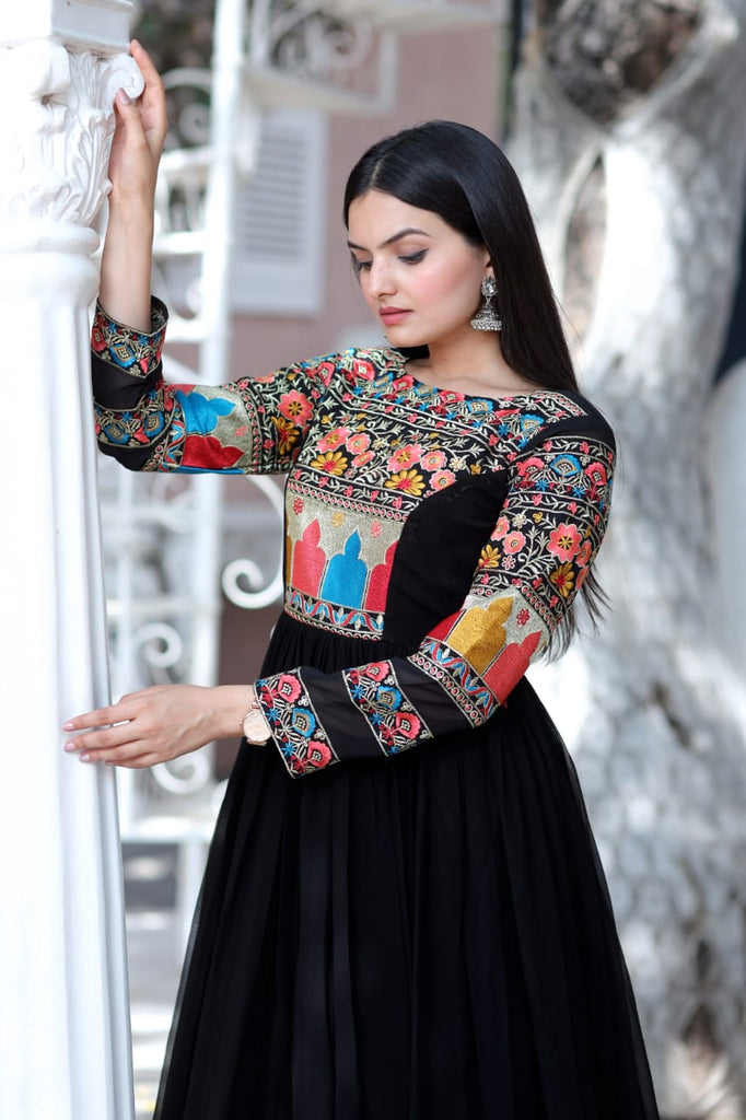 Lovely Multi Embroidery Work Full Sleeves Gown