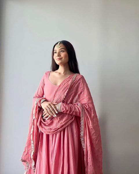 Peach Blue Sequence Work Long Gown Main image