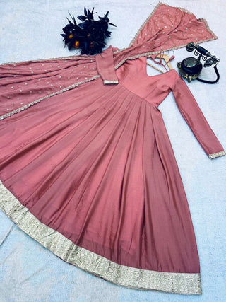 Peach Blue Sequence Work Long Gown
