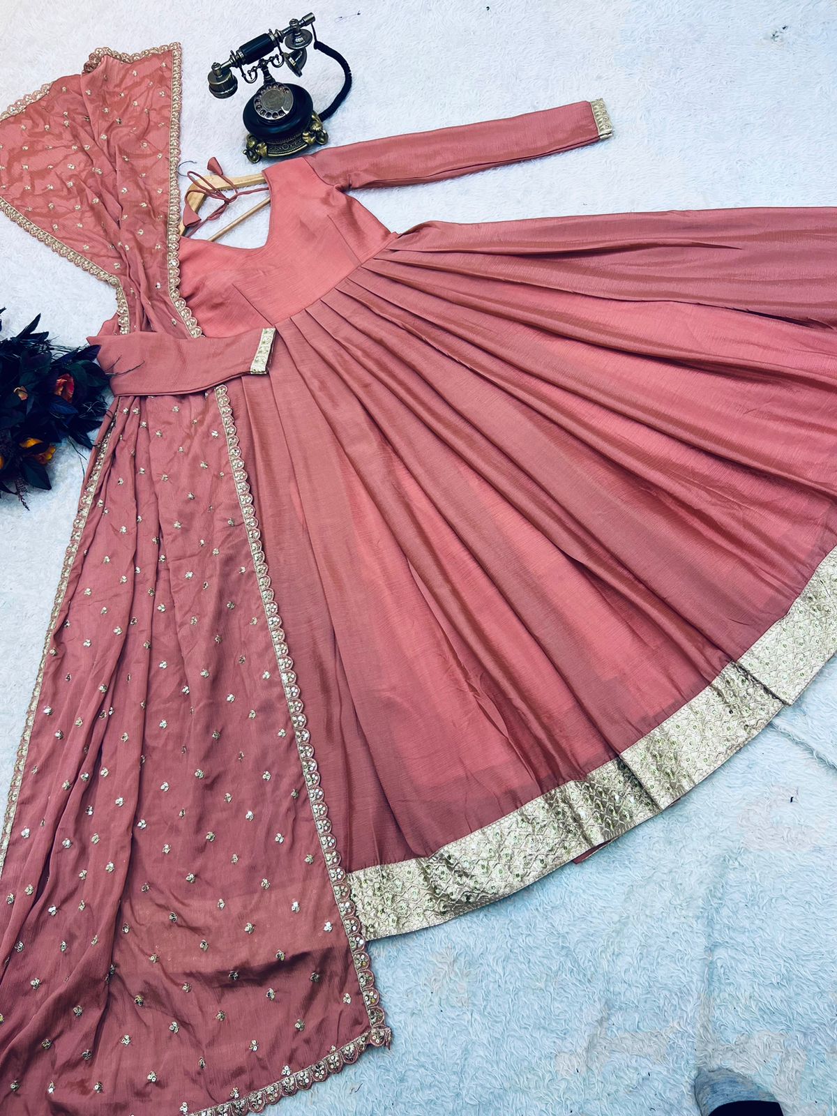 Peach Blue Sequence Work Long Gown