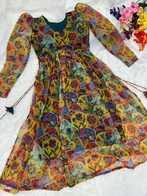 Latest Nayra Cut Printed Multi Color Kurti Main image