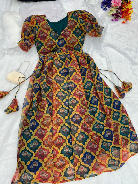 Latest Nayra Cut Printed Multi Color Kurti Main image