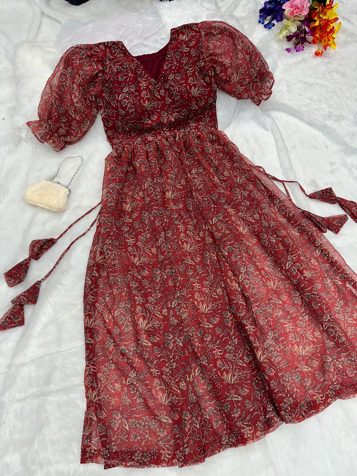 Latest Nayra Cut Printed Red Color Kurti Main image