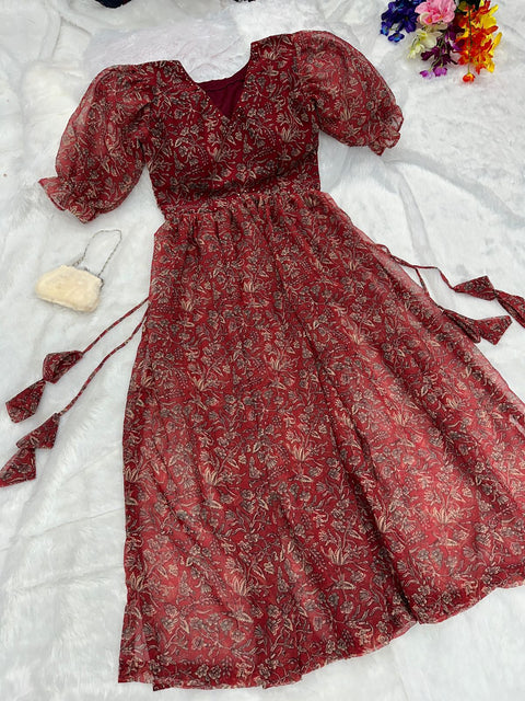 Latest Nayra Cut Printed Red Color Kurti Main image