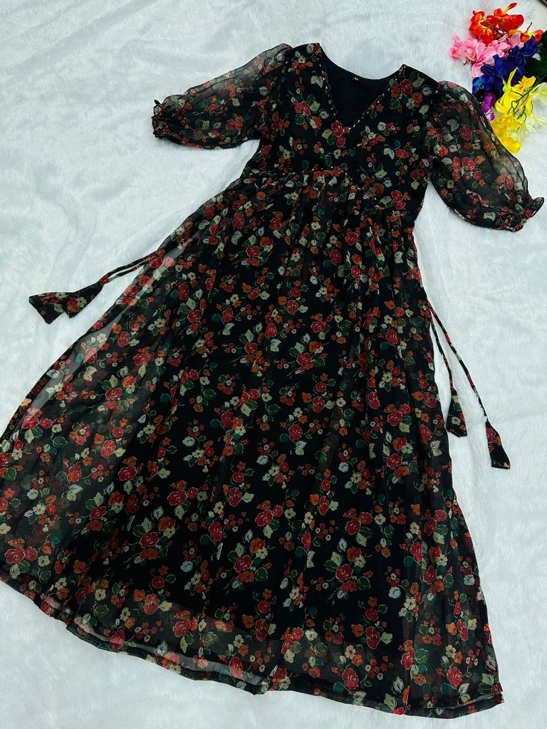 Latest Nayra Cut Printed Black Color Kurti