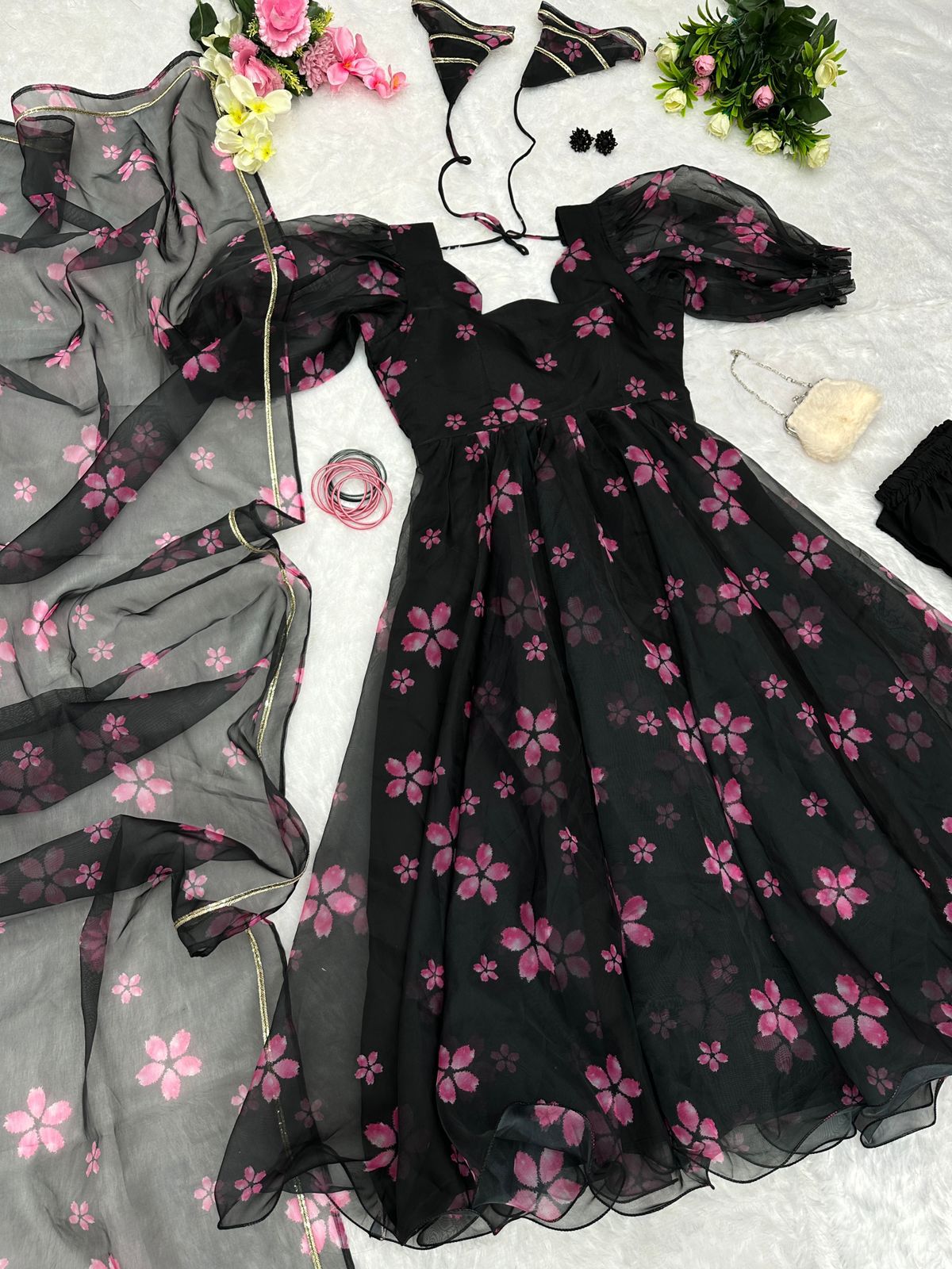 Digital Printed Black Color Organza Silk Anarkali Suit